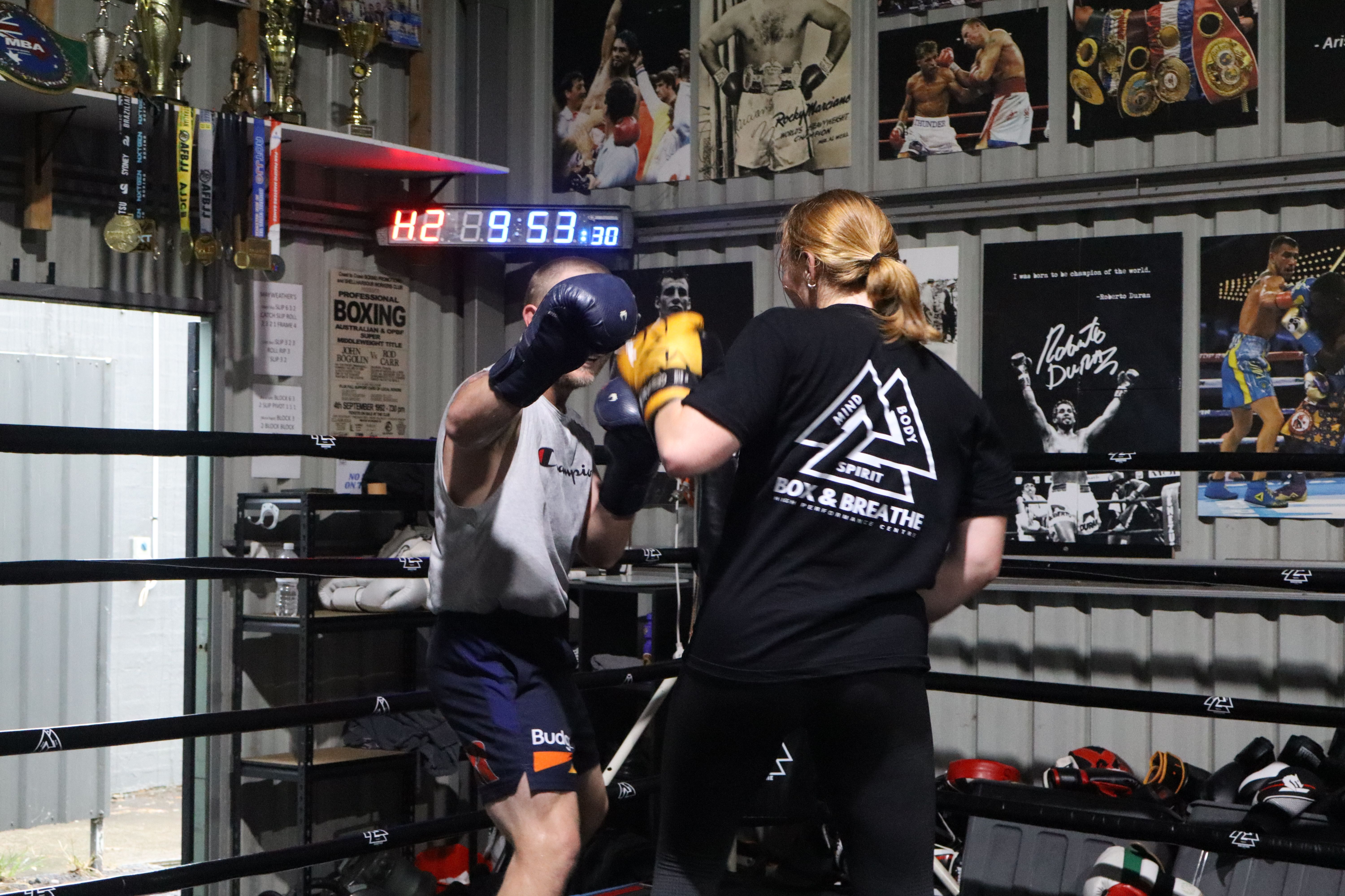 A member holding pads for a partner in the ring
