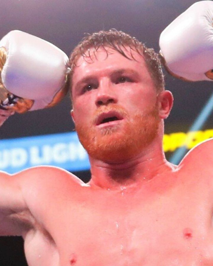 Canelo celebrating, gloves raised