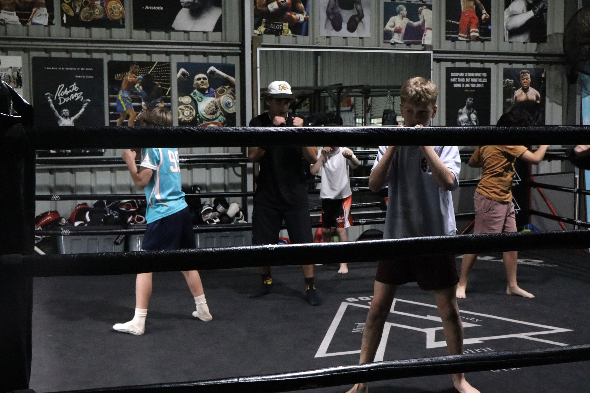 Kids lined up in the ring during a Box & Breathe class